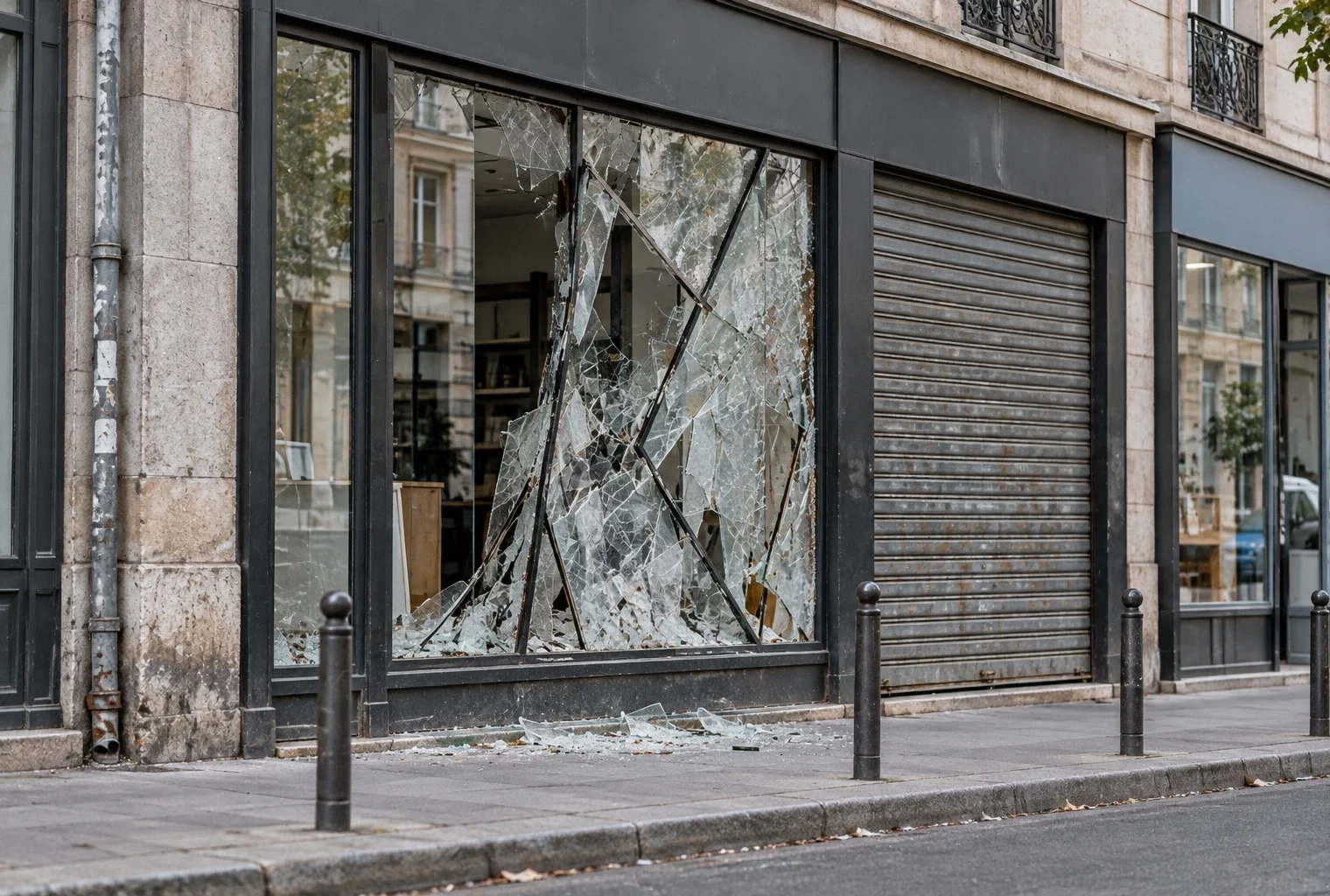 Vitrine fissurée d’un commerce de rue, éclats de verre au sol et rideau métallique devant des façades voisines.