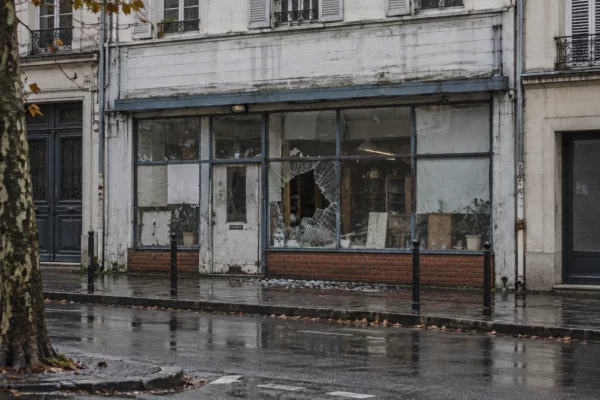 Devanture de commerce dégradée, vitrine brisée et éclats de verre au seuil, sur une rue française aux surfaces mouillées.