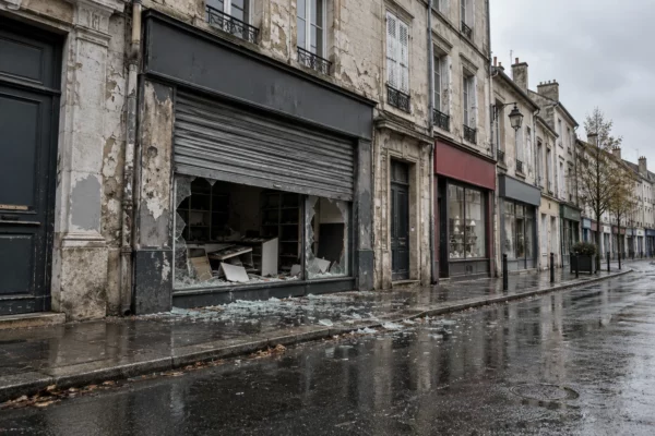 Vitrine endommagée et rideau métallique baissé dans une rue commerçante, avec des éclats de verre sur le trottoir mouillé.
