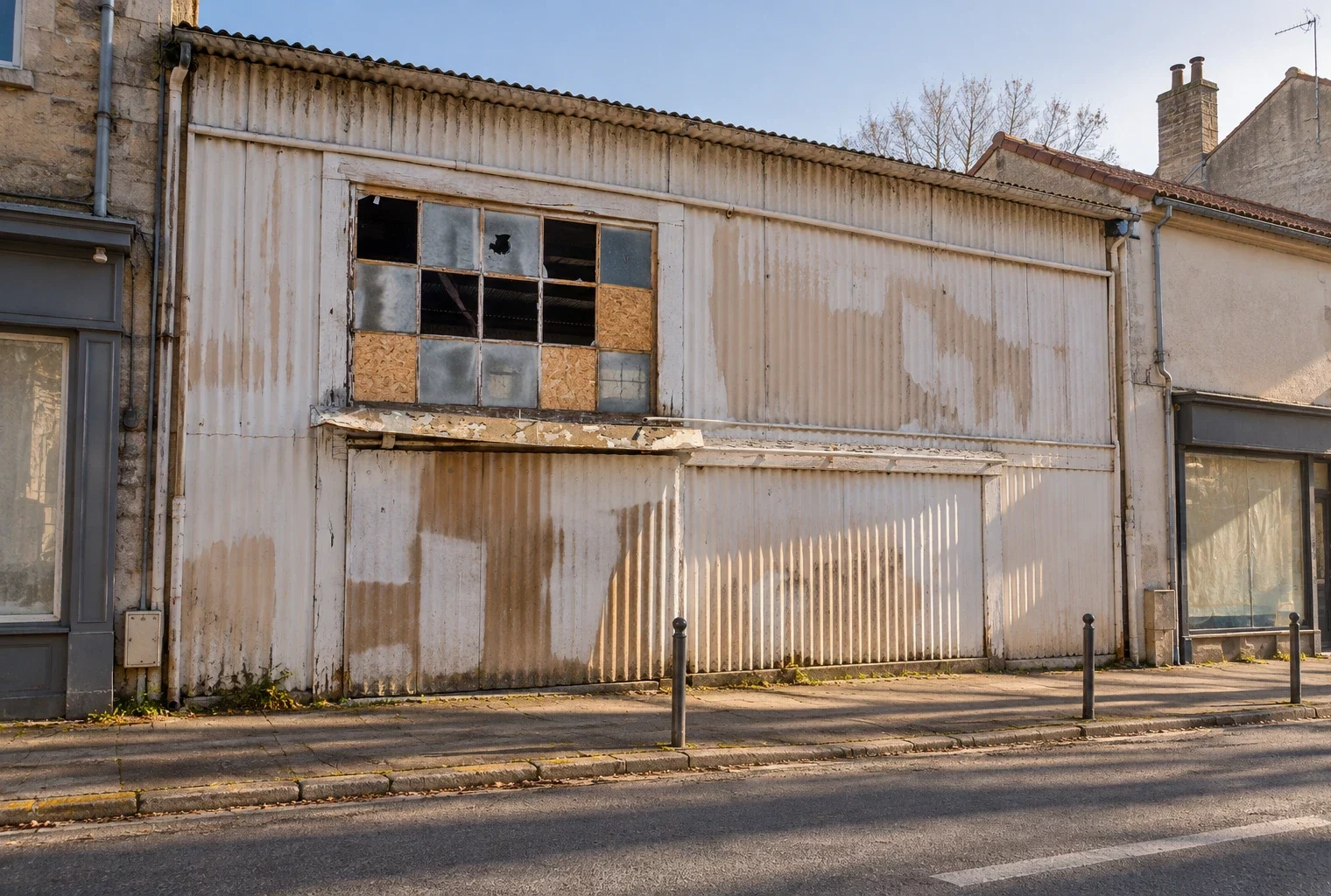Vitrine endommagée et partiellement protégée de contreplaqué dans une rue commerçante française, entre façades sobres.