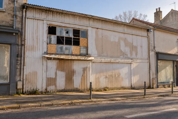 Vitrine endommagée et partiellement protégée de contreplaqué dans une rue commerçante française, entre façades sobres.