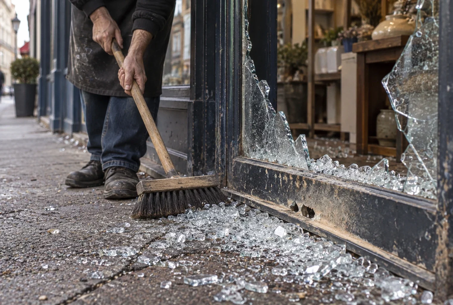 Une vitrine de commerce endommagée, des éclats de verre au seuil et les mains d’un employé qui balaie le trottoir.