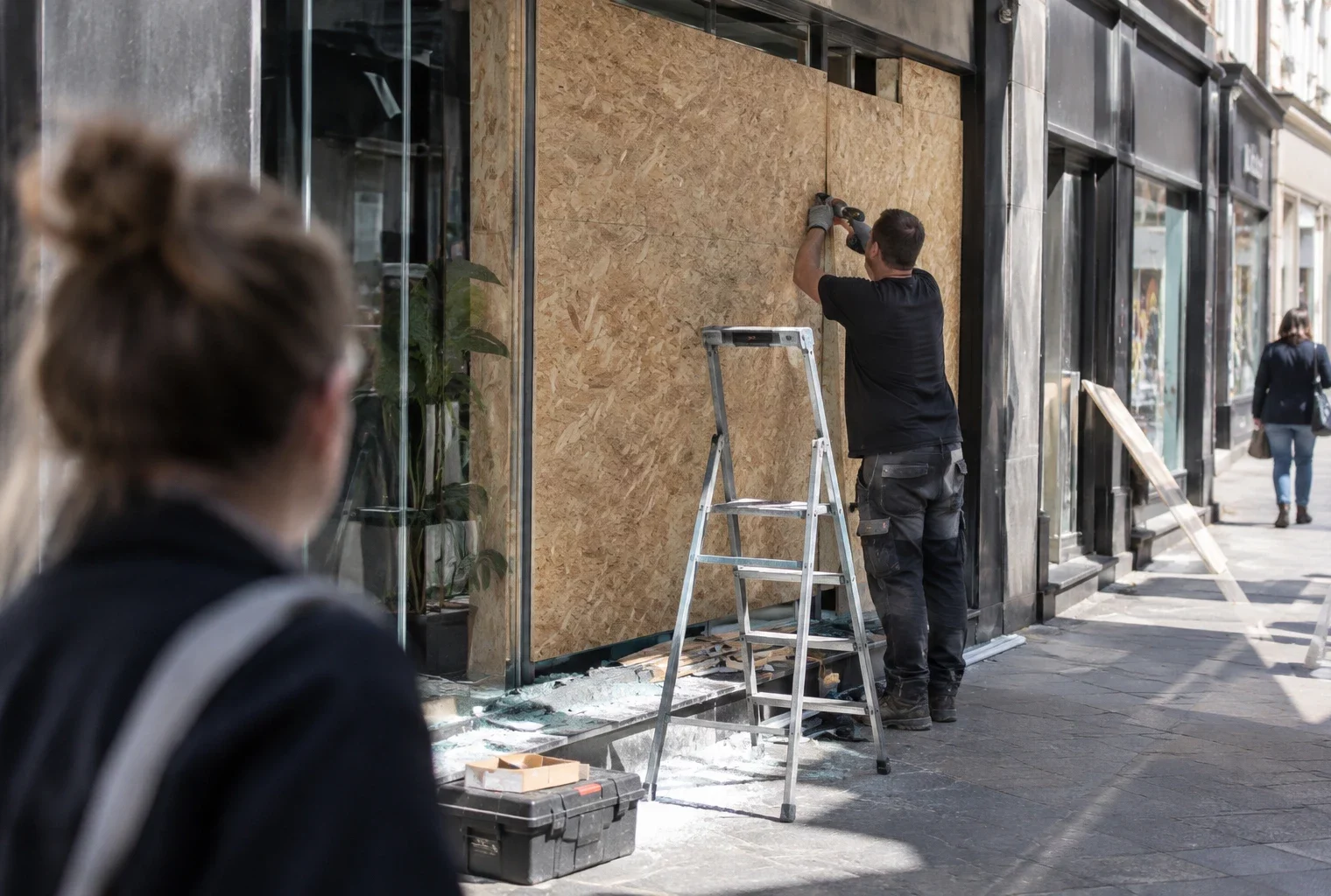 Vitrine d’un commerce protégée par des panneaux de bois, avec quelques débris au seuil et des façades voisines en arrière-plan.