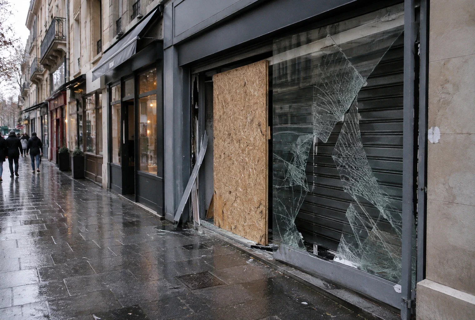 Devanture de commerce fermée avec une vitre endommagée et un panneau de protection, dans une rue commerçante.