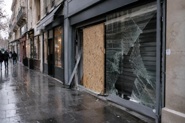 Devanture de commerce fermée avec une vitre endommagée et un panneau de protection, dans une rue commerçante.