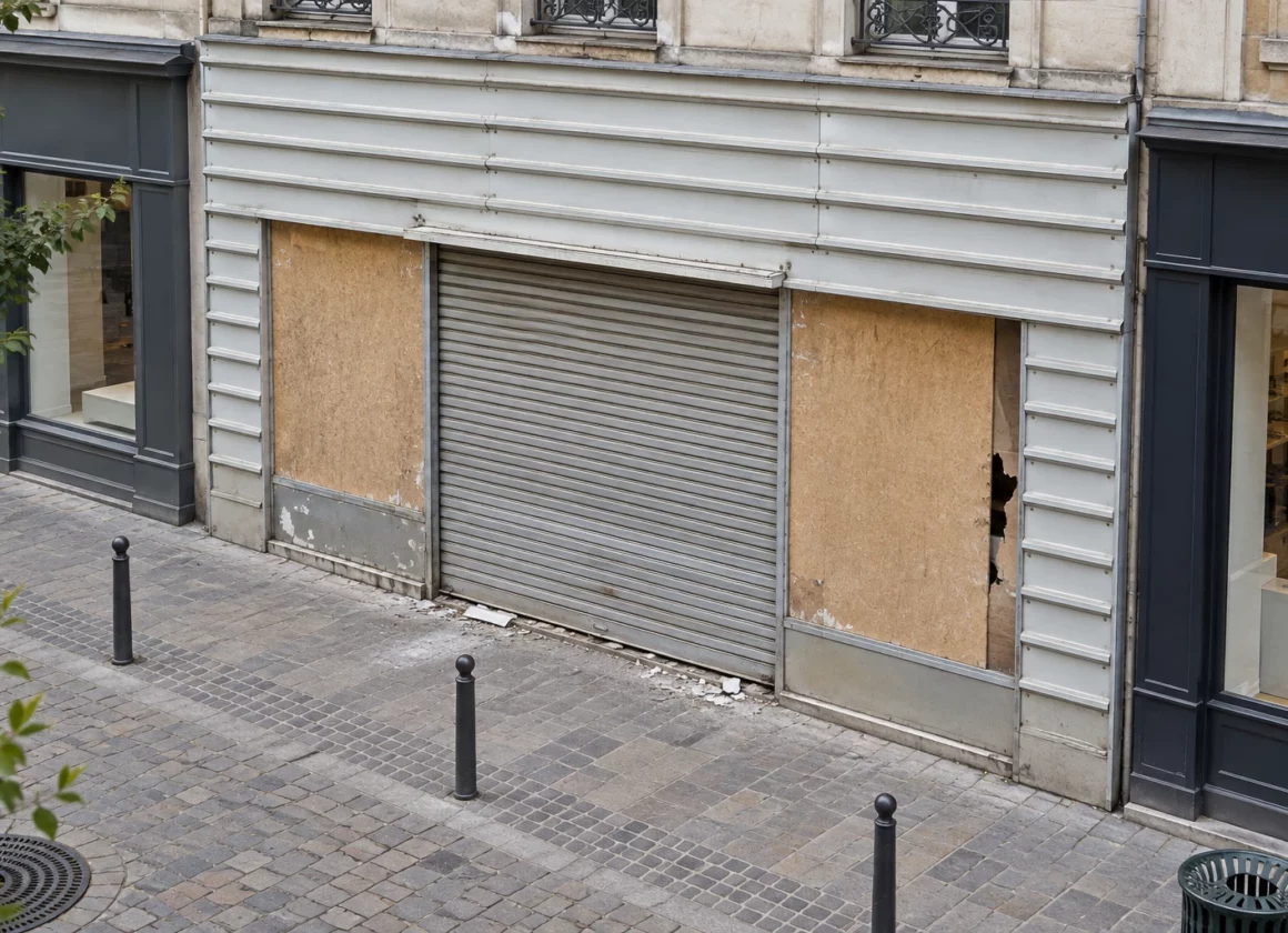Vitrine d’un commerce fermé, protégée par des panneaux et un rideau métallique, avec quelques débris sur le trottoir.