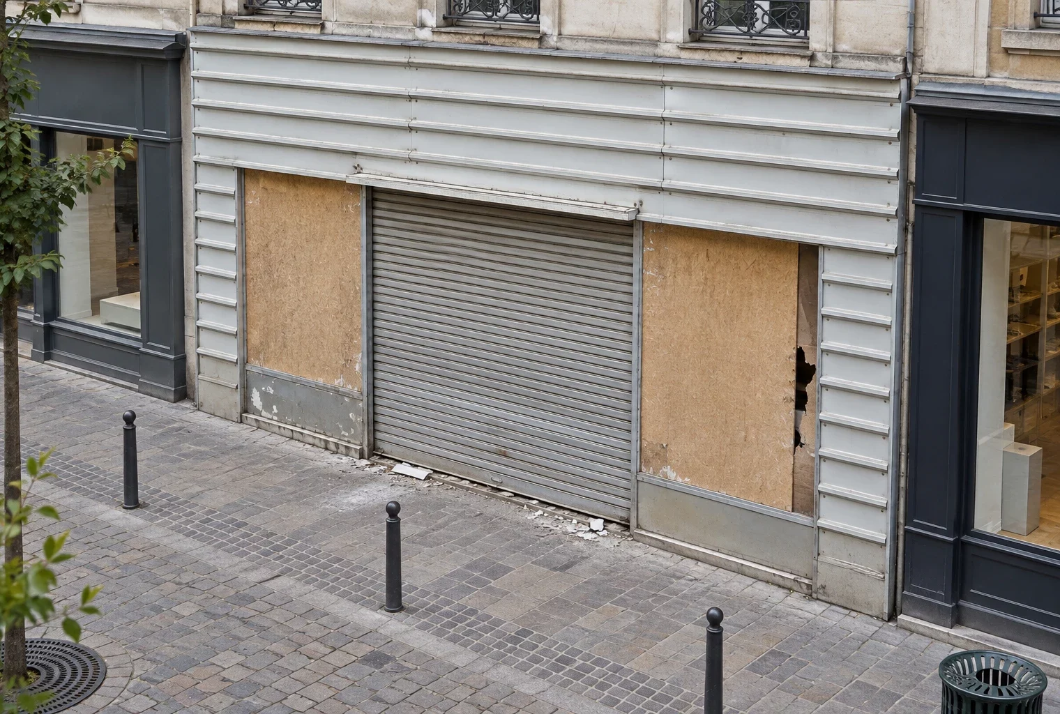 Vitrine d’un commerce fermé, protégée par des panneaux et un rideau métallique, avec quelques débris sur le trottoir.