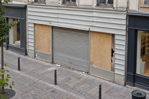 Vitrine d’un commerce fermé, protégée par des panneaux et un rideau métallique, avec quelques débris sur le trottoir.