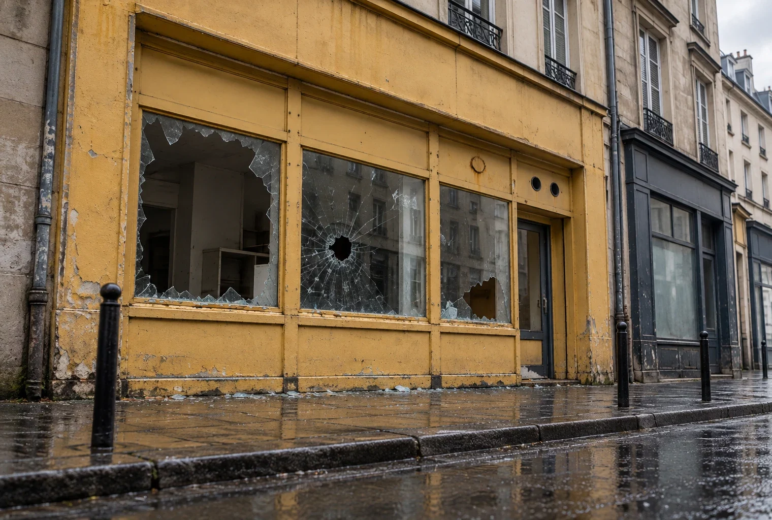 Devanture de boutique aux menuiseries jaunes, avec des vitres brisées, des panneaux manquants et des éclats sur le trottoir mouillé.