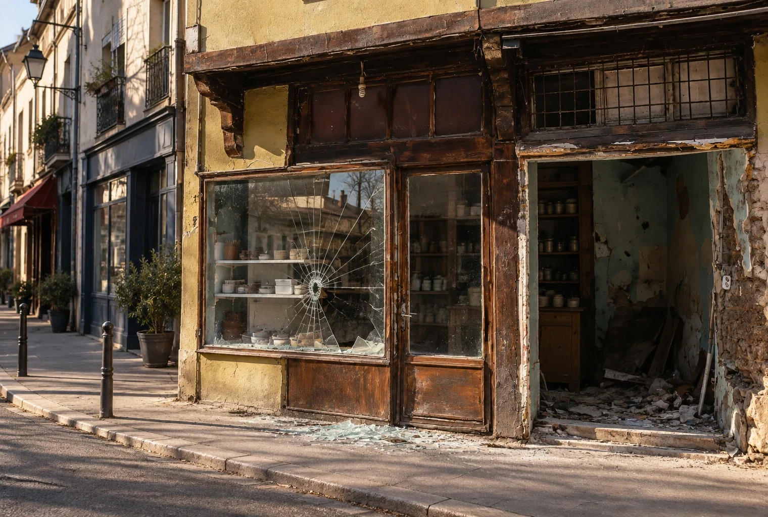 Devanture de commerce aux boiseries usées, vitre fissurée et éclats de verre au sol, sur une rue urbaine ensoleillée.
