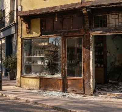 Devanture de commerce aux boiseries usées, vitre fissurée et éclats de verre au sol, sur une rue urbaine ensoleillée.