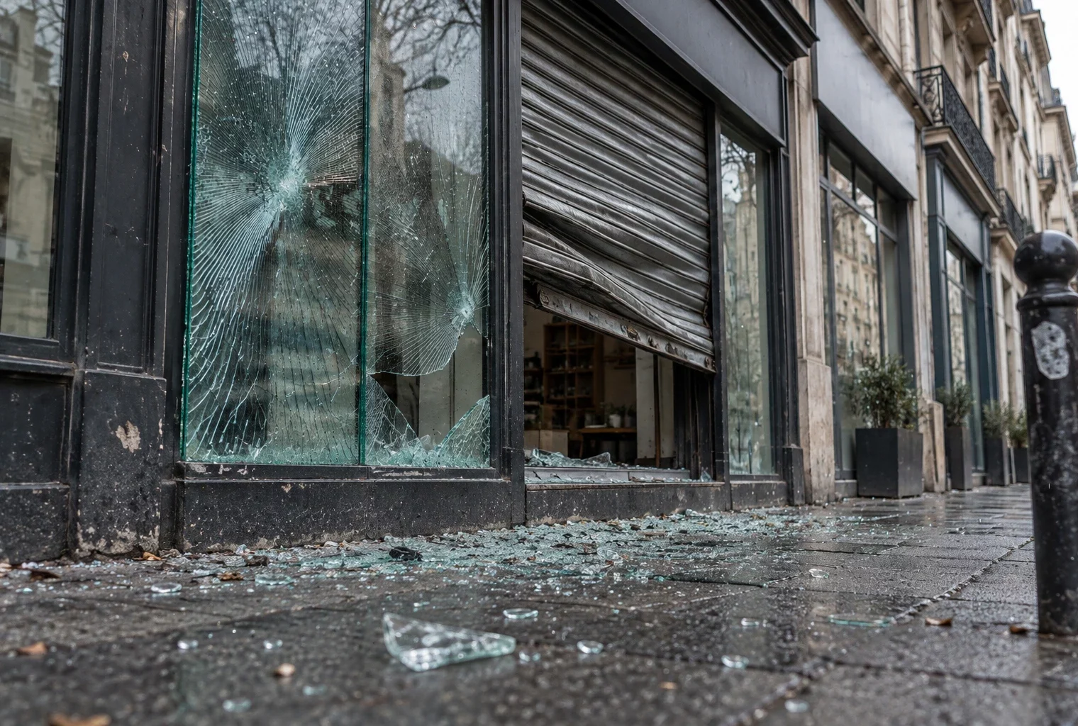 Vitrine de commerce fissurée et rideau métallique déformé, avec des éclats de verre sur le trottoir d’une rue commerçante.