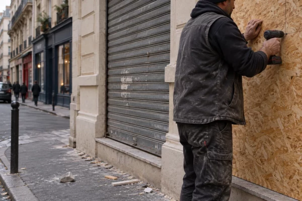 Des mains fixent une planche sur la vitrine endommagée d’un commerce, près d’un rideau métallique baissé et de débris.