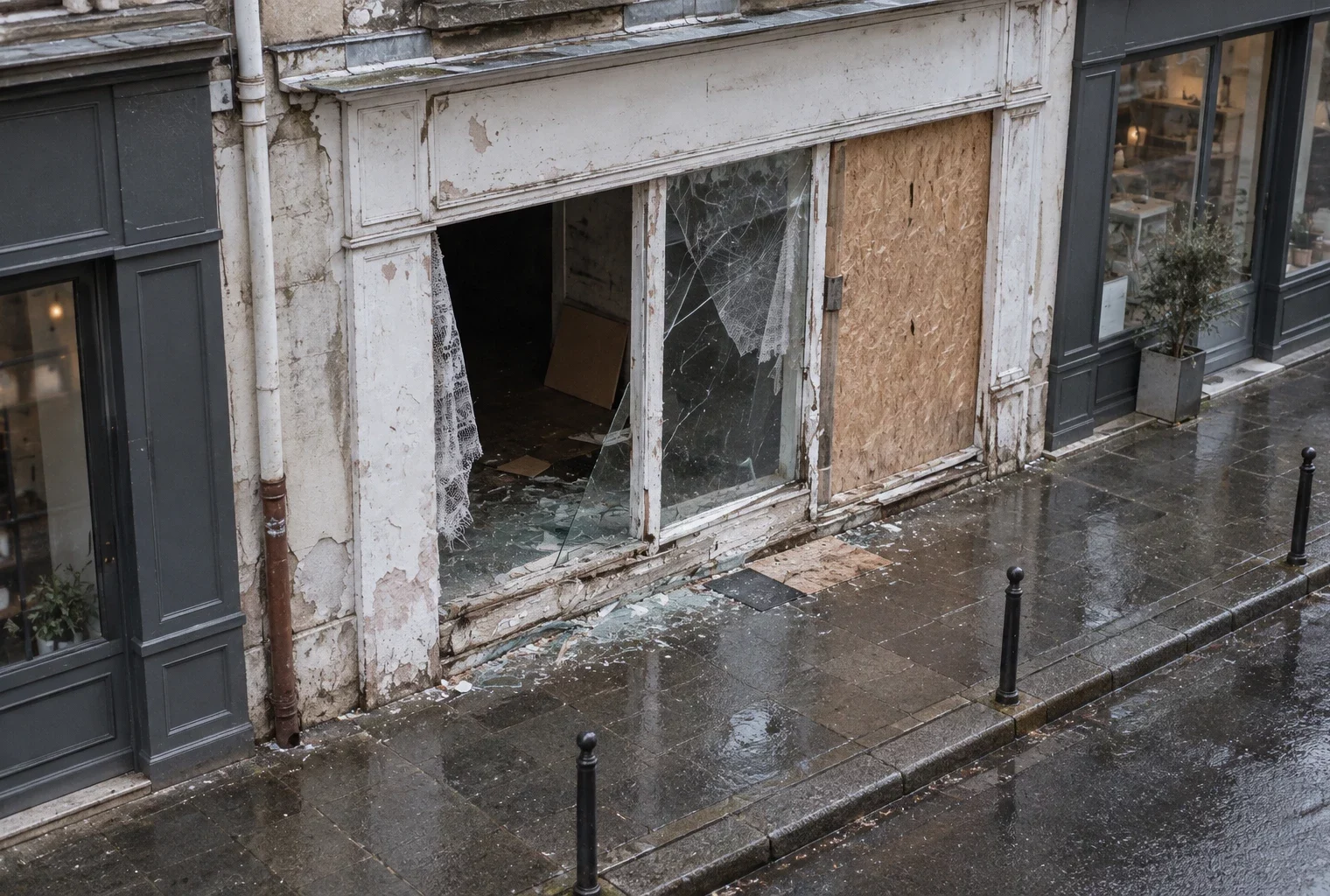 Devanture de commerce endommagée, avec vitre fissurée, contreplaqué de réparation et éclats dégagés sur un trottoir mouillé.