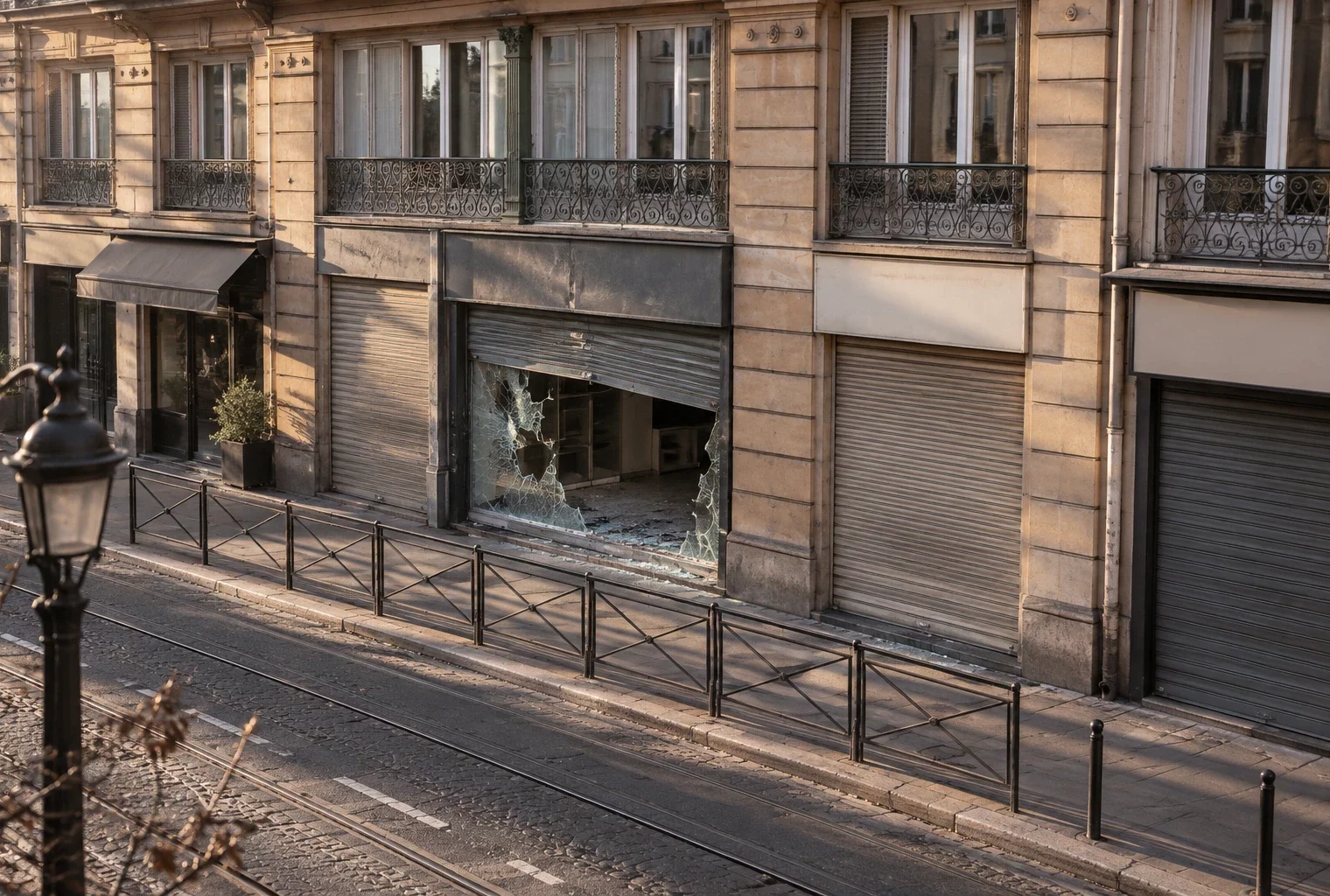 Vitrine fissurée et rideau métallique abîmé devant un commerce anonyme, avec des éclats de verre sur le trottoir.