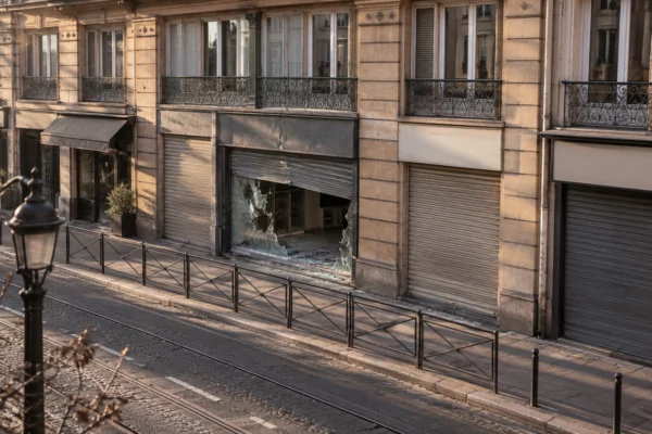 Vitrine fissurée et rideau métallique abîmé devant un commerce anonyme, avec des éclats de verre sur le trottoir.