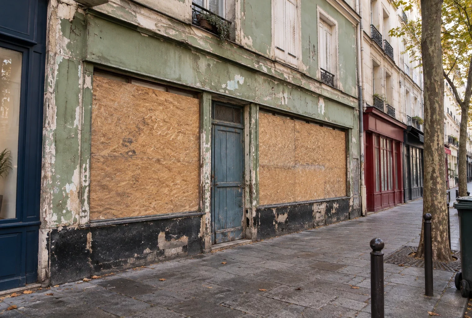 Des panneaux d’aggloméré protègent les vitrines d’un commerce parisien, devant une façade usée et un trottoir marqué par l’usage.