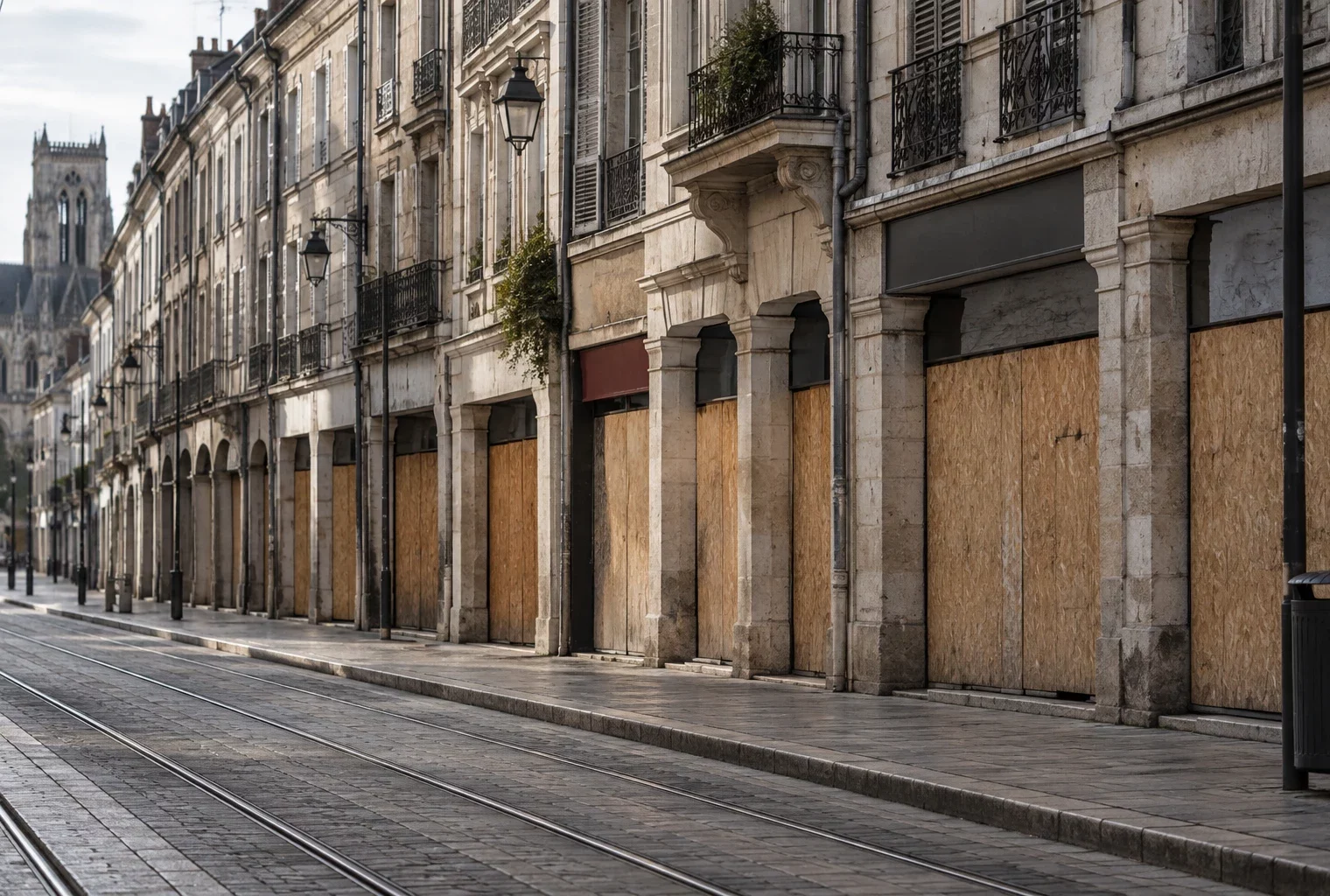 Vitrines de commerces fermées et protégées par des panneaux de bois, le long d’une rue d’Orléans traversée par des rails de tramway.
