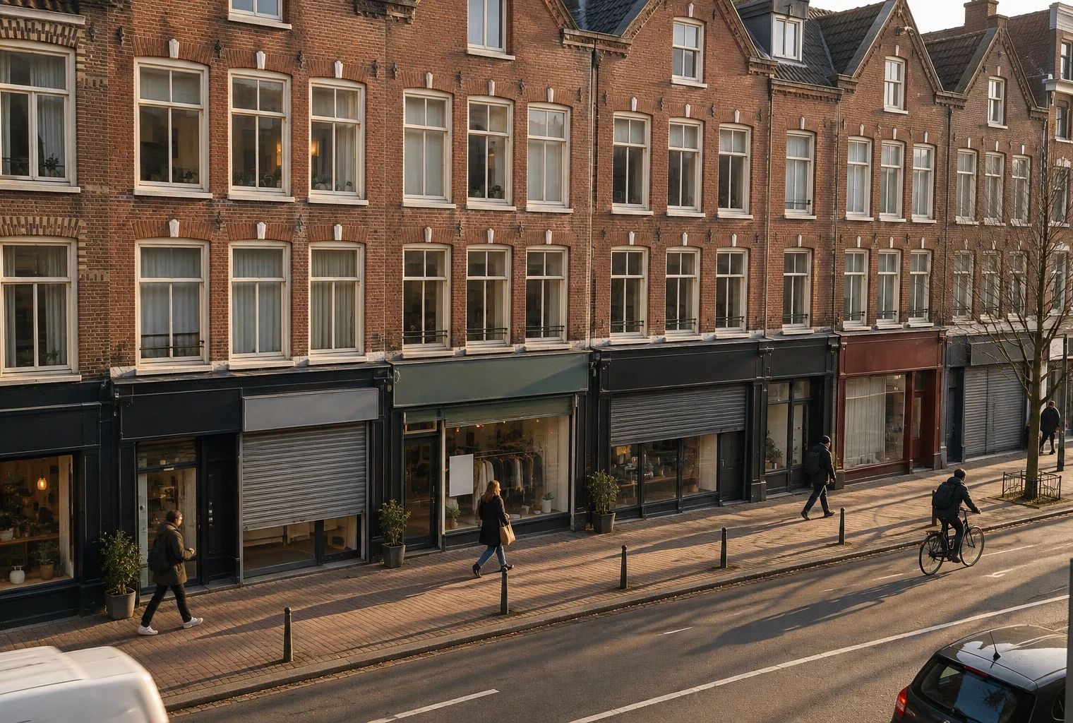 Vitrines et rideaux métalliques de commerces bordent une rue pavée, devant des façades de briques sous le soleil d’hiver.