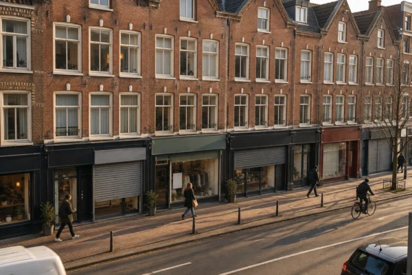 Vitrines et rideaux métalliques de commerces bordent une rue pavée, devant des façades de briques sous le soleil d’hiver.
