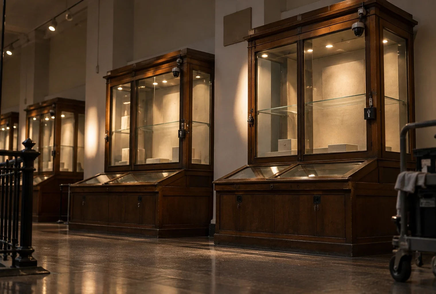 Deux vitrines sécurisées aux cadres renforcés occupent une galerie de musée, avec leurs serrures visibles et d’autres vitrines en arrière-plan.