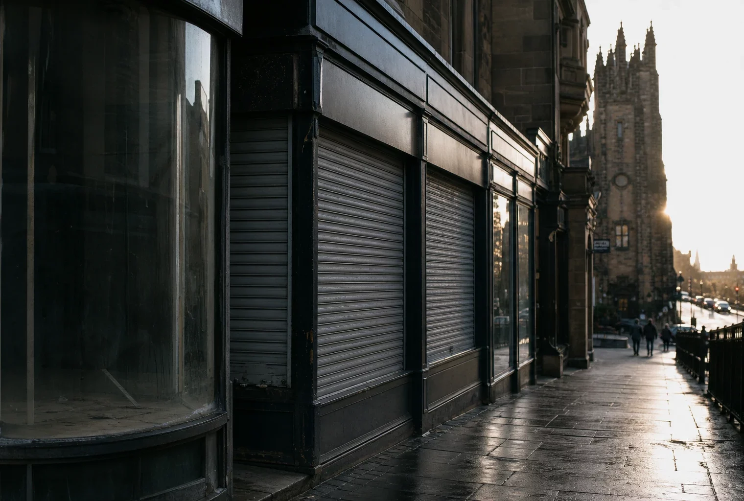 Façades de boutiques fermées, rideaux baissés et vitrines vides dans une rue commerçante française, en lumière dure de contre-jour.