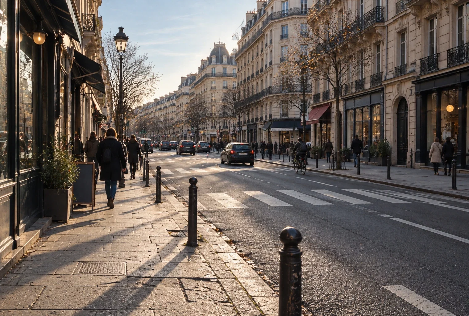 Une rue de centre-ville française, avec chaussée, trottoir pavé et potelets, s’étire entre des façades sobres sous le soleil d’hiver.