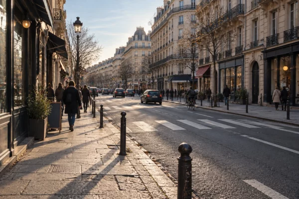 Une rue de centre-ville française, avec chaussée, trottoir pavé et potelets, s’étire entre des façades sobres sous le soleil d’hiver.