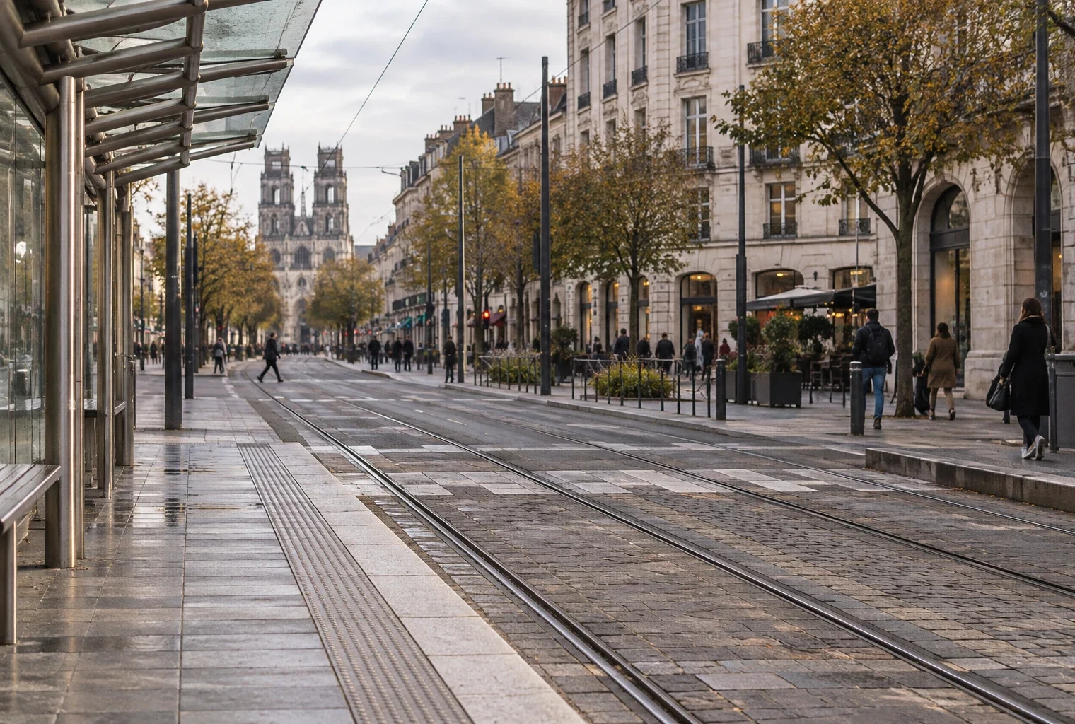 Rails encastrés dans la chaussée et quai de tramway sous un abri vitré, dans une rue du centre-ville d’Orléans.