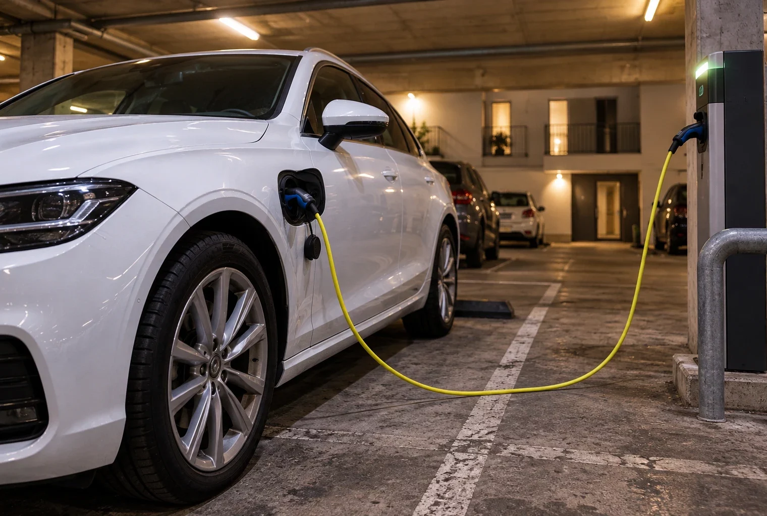 Voiture électrique branchée à une borne dans un parking résidentiel, avec d’autres places et un immeuble en arrière-plan.