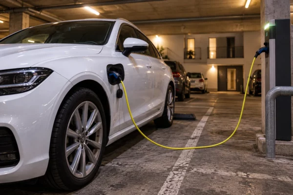 Voiture électrique branchée à une borne dans un parking résidentiel, avec d’autres places et un immeuble en arrière-plan.