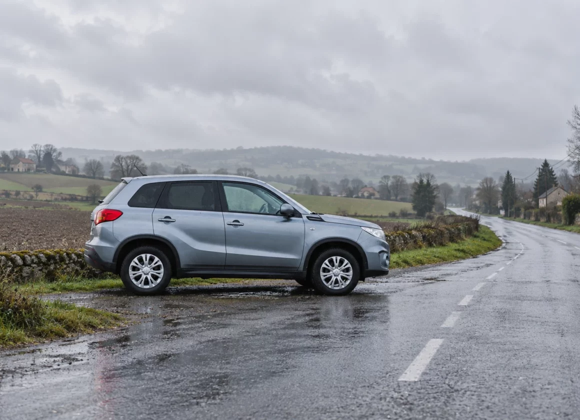 Une voiture ordinaire stationnée au bord d’une route rurale mouillée, entre champs et maisons espacées sous un ciel gris.