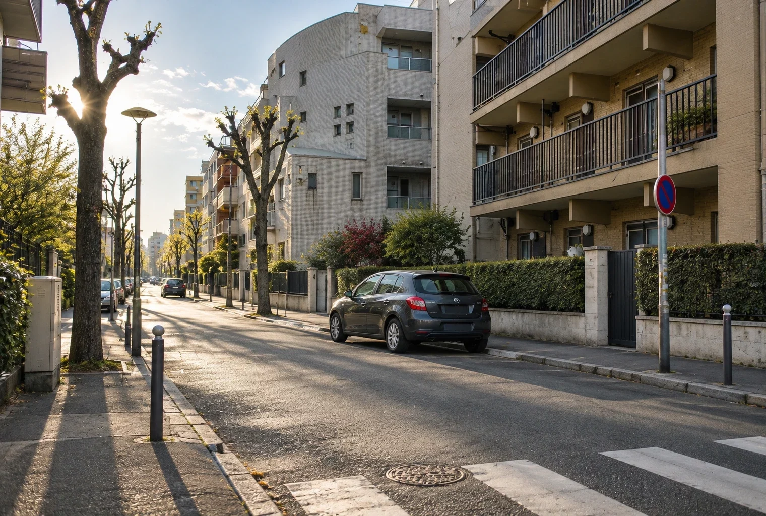 Une voiture particulière est stationnée au bord d’une rue résidentielle, devant des immeubles et du mobilier urbain.