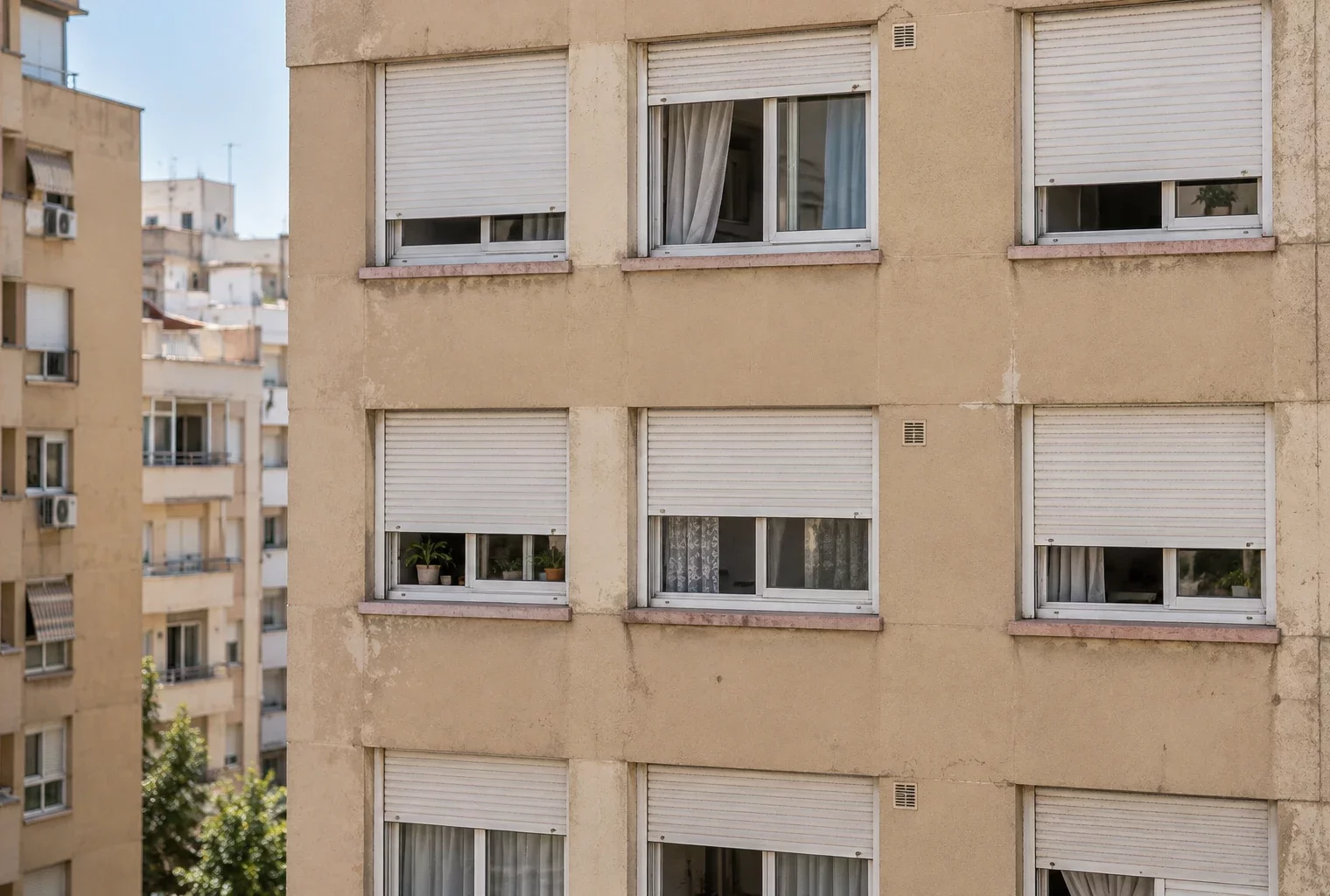 Façade d’immeuble résidentiel espagnol aux volets blancs partiellement baissés, protégeant les fenêtres de la chaleur estivale.