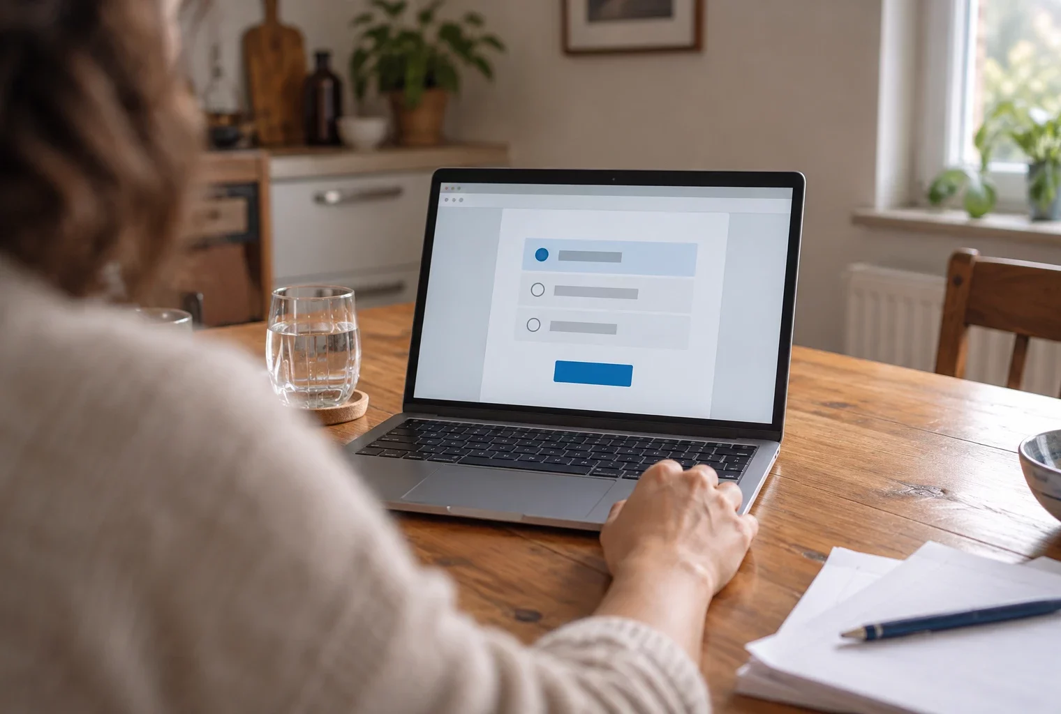 Un ordinateur portable ouvert sur une page de vote abstraite, une main près du clavier sur une table en bois dans un intérieur domestique.