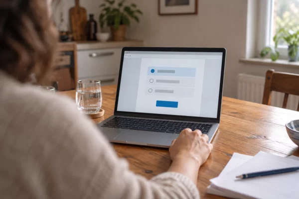 Un ordinateur portable ouvert sur une page de vote abstraite, une main près du clavier sur une table en bois dans un intérieur domestique.