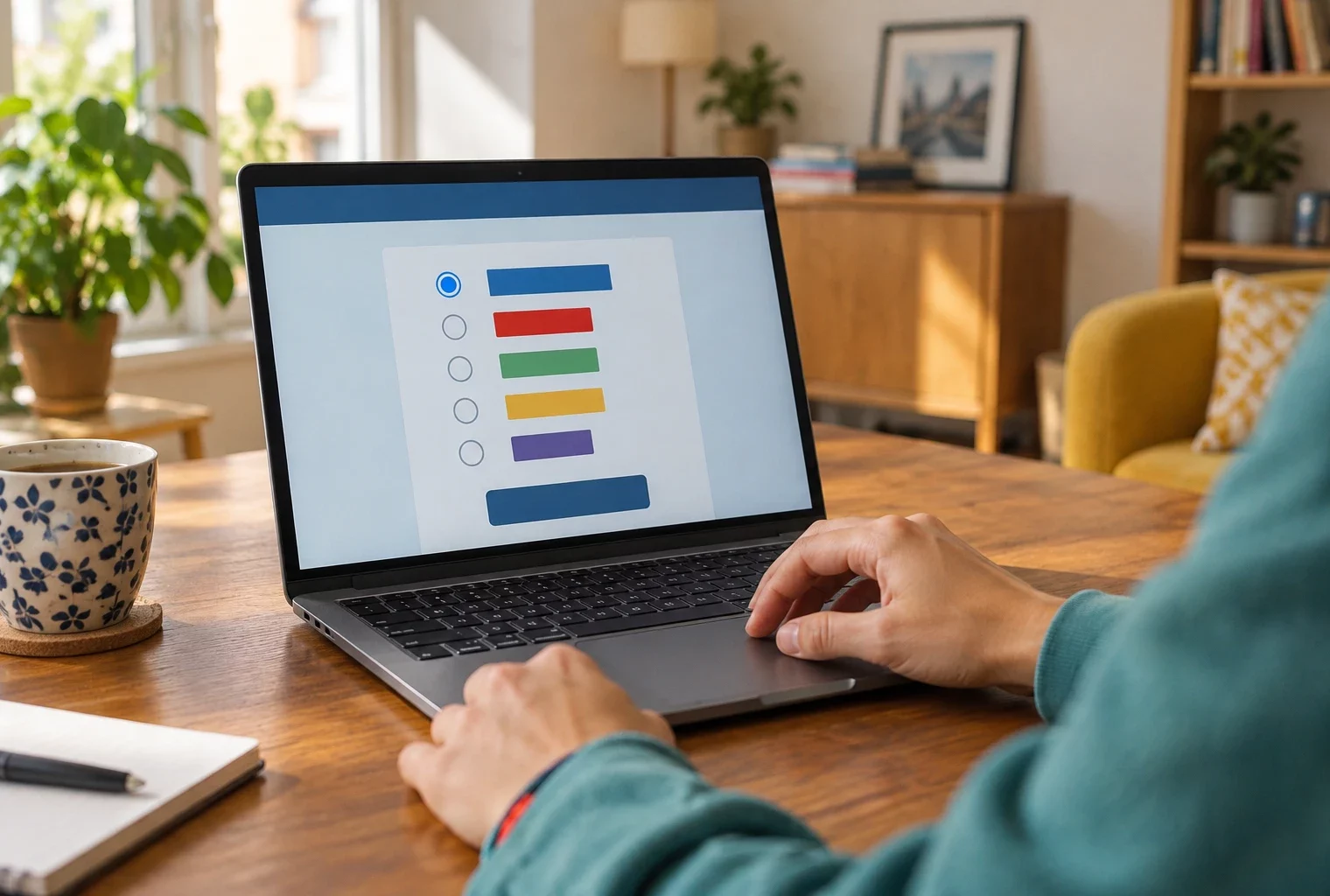 Un ordinateur portable ouvert affiche une interface de vote générique tandis qu’une main se tient près du pavé tactile, dans une pièce ordinaire.