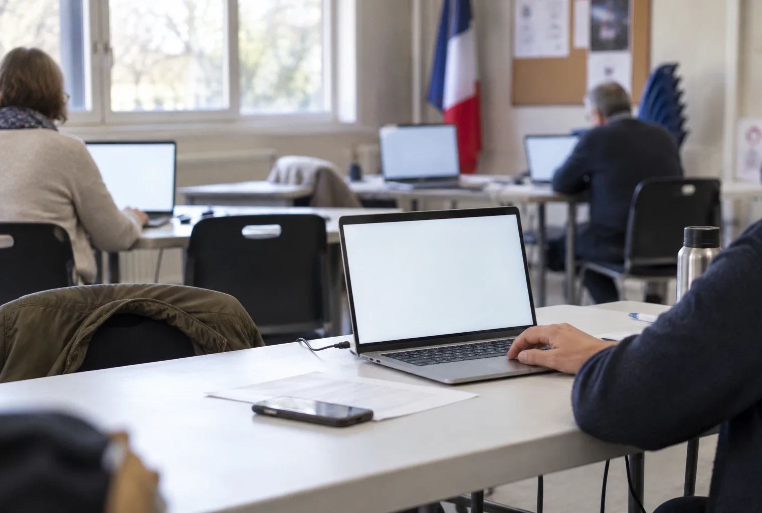 Un ordinateur portable ouvert sur une page de vote vierge, dans une salle associative avec plusieurs postes informatiques et des chaises.