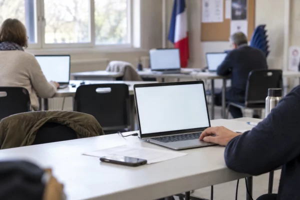 Un ordinateur portable ouvert sur une page de vote vierge, dans une salle associative avec plusieurs postes informatiques et des chaises.