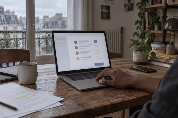 Dans un espace de travail domestique, une main utilise le pavé tactile d’un portable affichant une interface de vote abstraite.
