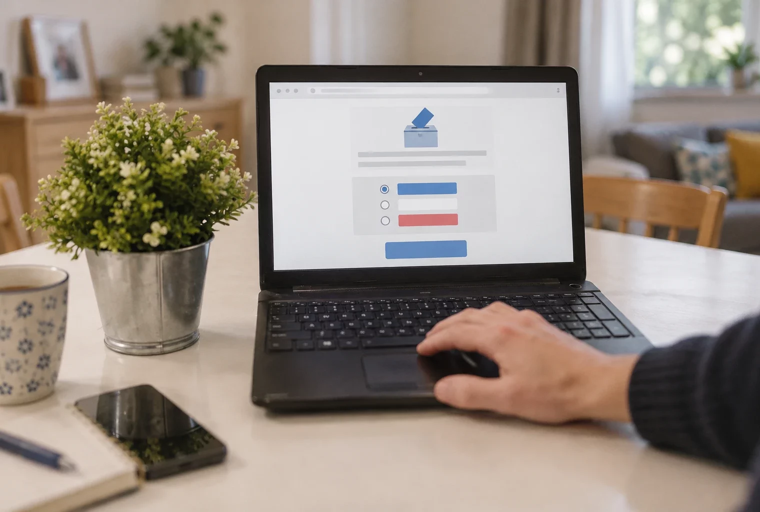 Un ordinateur portable affiche une interface de vote en ligne générique, tandis qu’une main utilise le pavé tactile dans un logement.