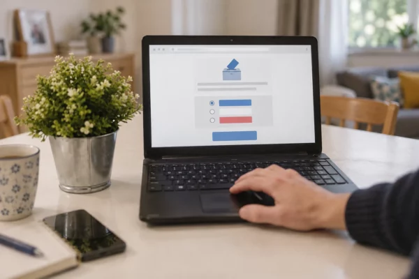 Un ordinateur portable affiche une interface de vote en ligne générique, tandis qu’une main utilise le pavé tactile dans un logement.