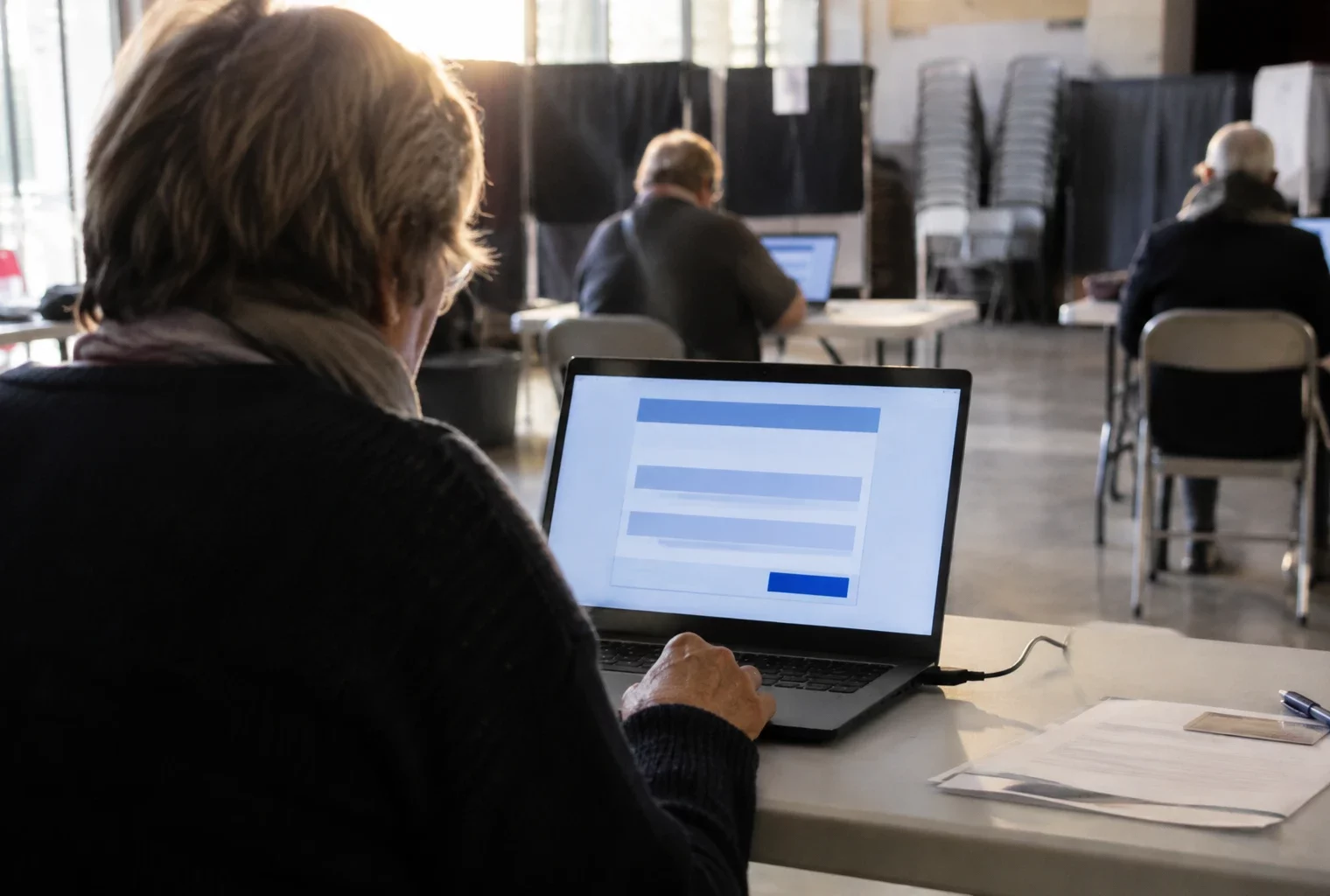Un ordinateur portable affiche une interface de vote générique, installé dans une salle avec d’autres postes et des chaises empilées.
