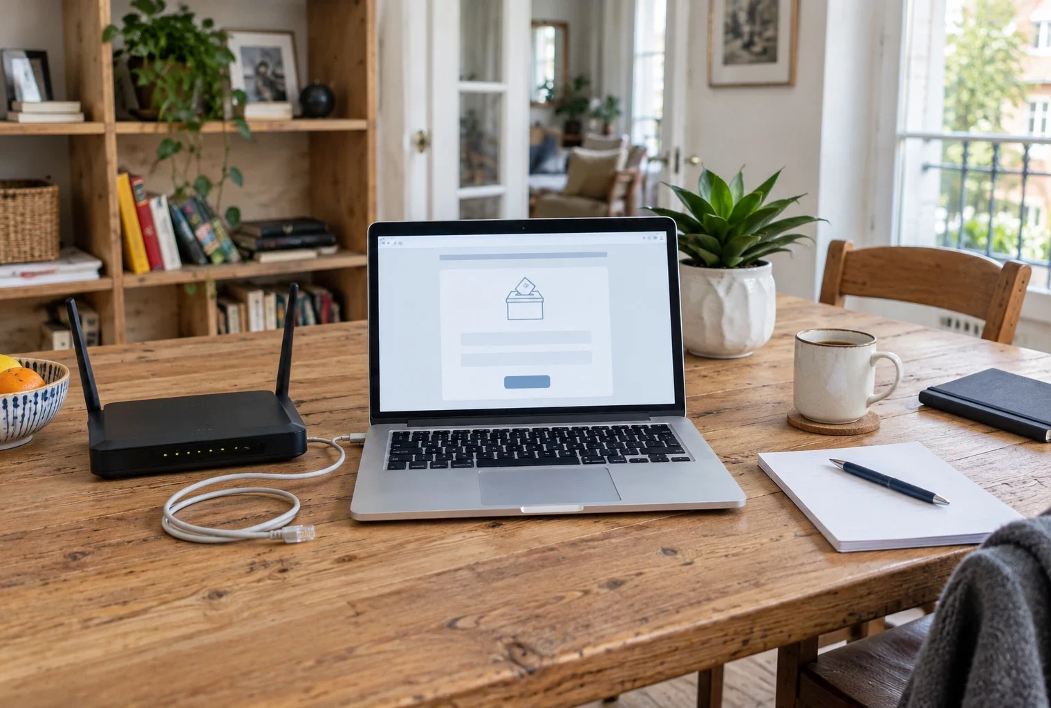 Ordinateur portable sur un bureau en bois, accompagné d’une box Internet et d’un câble, dans un espace de travail domestique sobre.