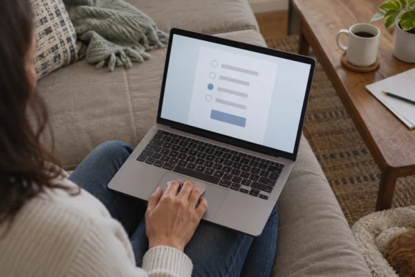 Une main posée sur le pavé tactile d’un ordinateur portable ouvert, dans un intérieur domestique sobre.