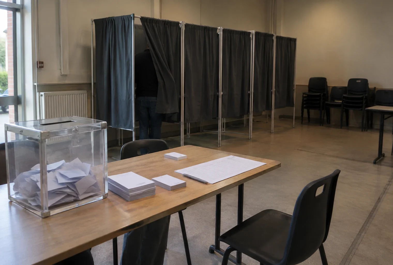 Isoloirs installés dans une salle polyvalente, avec des bulletins vierges et une liste d’émargement sur une table.